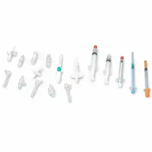 Collection of various medical syringes and needles, including different sizes and types, isolated on a white background for medical use.