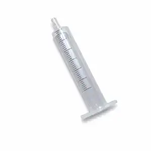 Clear medical syringe with measurement markings and plunger, used for administering medication or vaccines.