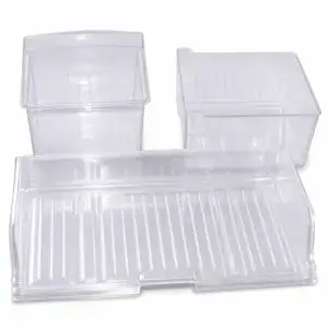 Set of three transparent plastic storage bins of different sizes for organizing household or office items.