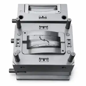 High-quality metal mold used in manufacturing processes, featuring detailed cavities and alignment pins for precise shaping of materials.