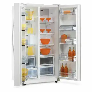 Interior view of a refrigerator with organized yellow, orange, and clear storage containers and bottles, showcasing mold-resistant features.