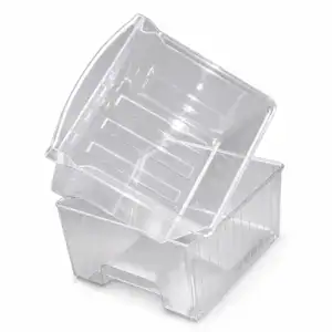 Clear stackable refrigerator storage drawer mold for organizing food and beverages efficiently in the fridge.