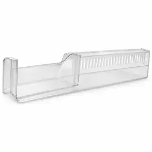 Clear plastic refrigerator door shelf organizer with ventilation slots for storage and organization of condiments and bottles.