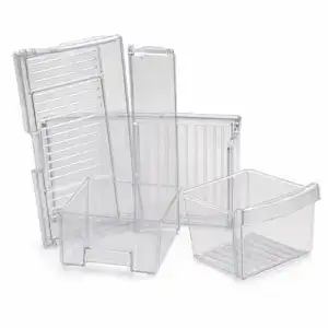 Set of clear plastic open-top refrigerator storage bins for organizing food and beverages efficiently.