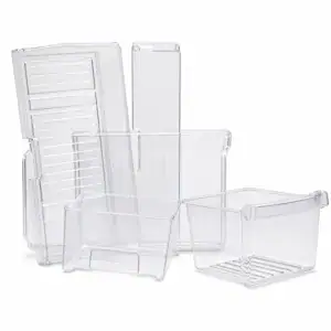 Set of transparent plastic storage bins and containers for organizing household or office items.