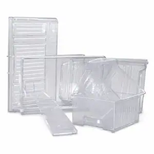 Clear plastic faceted refrigerator crisper mould set for food storage and organization, designed for optimal freshness and visibility.