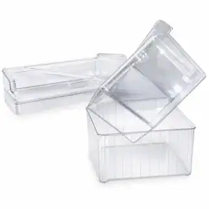 Set of transparent plastic refrigerator storage bins with lids, ideal for organizing food and beverages efficiently.