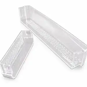 Two transparent plastic storage bins with ventilation slots, ideal for organizing small items in kitchen, office, or craft room.