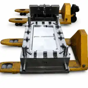 Injection mold for refrigerator inner door panel used in manufacturing process with precise metal components and support structures.