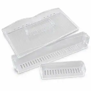 Clear refrigerator door shelf and cover with ventilation slots, designed for organizing and storing items inside a refrigerator door.