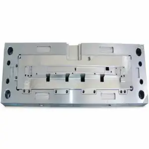 Metal refrigerator door shelf support mold with multiple attachment points and support hooks for durable installation.