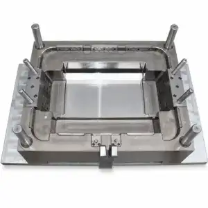 High-precision metal mold used in industrial manufacturing processes, featuring multiple pins and a sturdy frame for accurate shaping of materials.