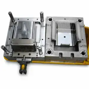 High-precision industrial mold with metallic components used in manufacturing processes.