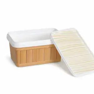 Rectangular food storage box mold with a wooden exterior and a removable transparent lid, ideal for kitchen organization and food preservation.
