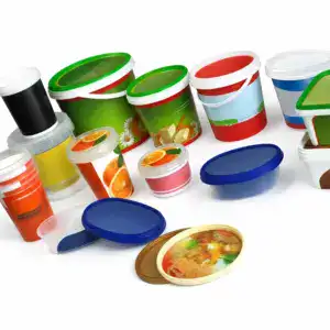Variety of colorful yogurt and dessert containers with lids, including fruit-flavored and creamy options, arranged on a white background.