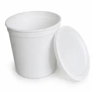 A plain white plastic bucket with a matching lid, suitable for storage or cleaning purposes.