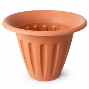 Terracotta flowerpot mold with vertical flutes and rounded top edge, ideal for creating decorative plant containers.