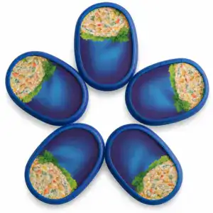 Five blue bento boxes filled with colorful salad, arranged in a circular pattern on a white background.