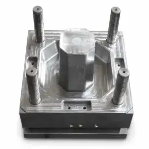 Precision metal mold for manufacturing octagonal thin-wall trays, featuring four cylindrical ejector pins and a central core for detailed shaping.