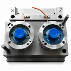Close-up of a precision mechanical component with two blue circular parts and metallic structure, used in industrial machinery.