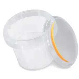 Transparent round plastic mold with thin walls and a screw-on lid, ideal for manufacturing clear containers.