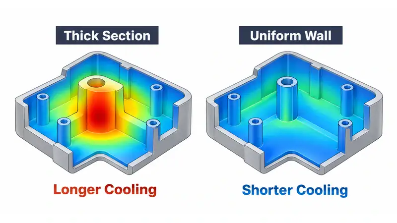 Comparison of thick section and uniform wall cooling in injection molding showing longer cooling time for thick section and shorter for uniform wall.