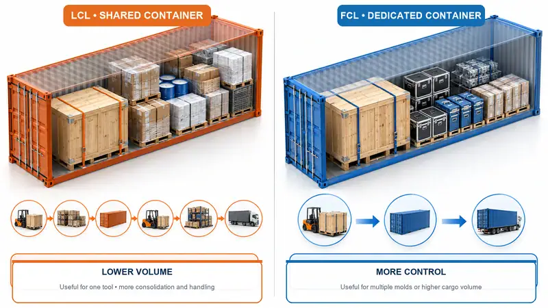 Comparison of LCL shared container and FCL dedicated container for mold shipping, highlighting volume, control, and handling differences.