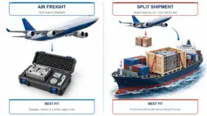 Air, sea, and road shipping methods for injection molds with focus on speed and reliability.