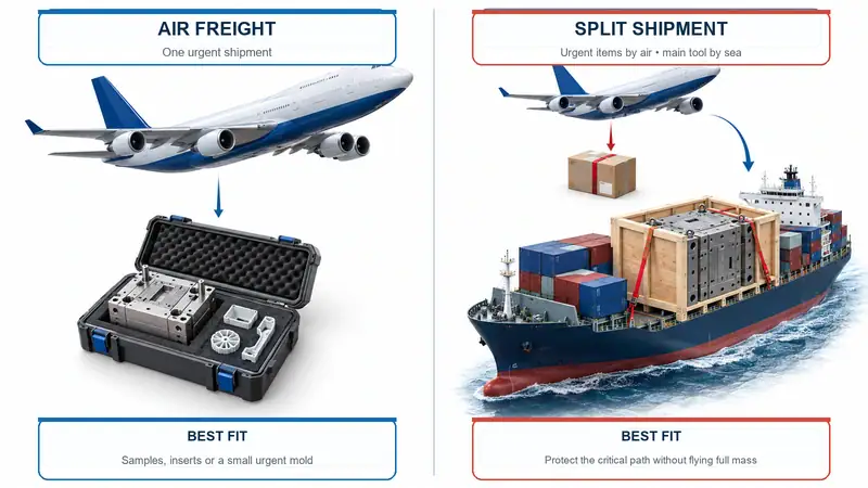 Air, sea, and road shipping methods for injection molds with focus on speed and reliability.