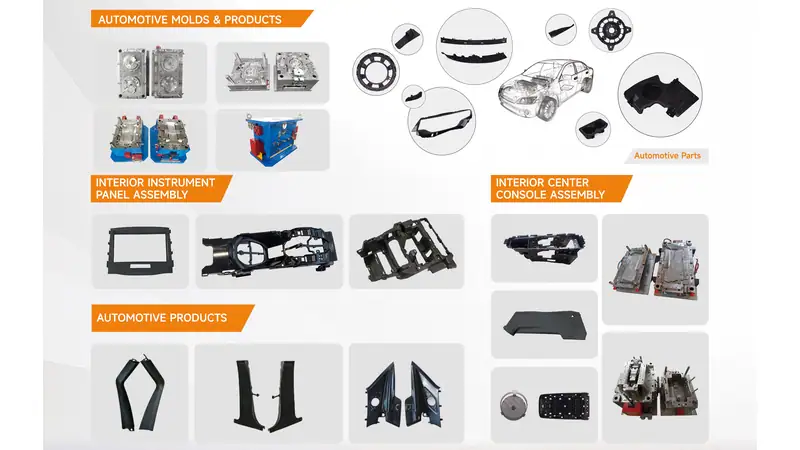 Moldie automotive molds and products displayed at Fakuma 2026, including interior instrument panel assembly, console assembly, and various automotive parts.