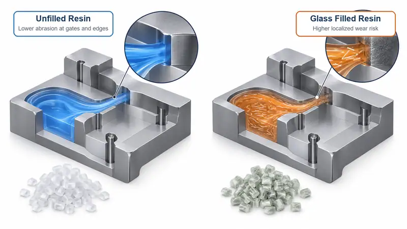 Comparison of unfilled resin and glass-filled resin in injection molds showing wear risk differences.