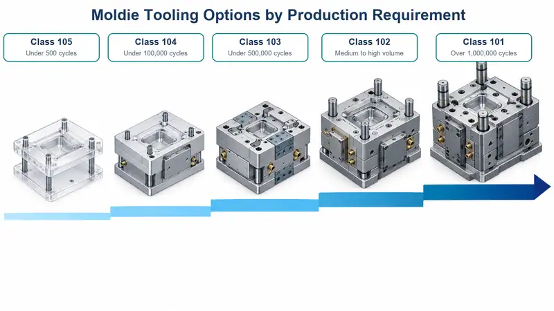 Moldie tooling options for injection molding, showing different classes based on cycle count and production volume, from Class 105 to Class 101.
