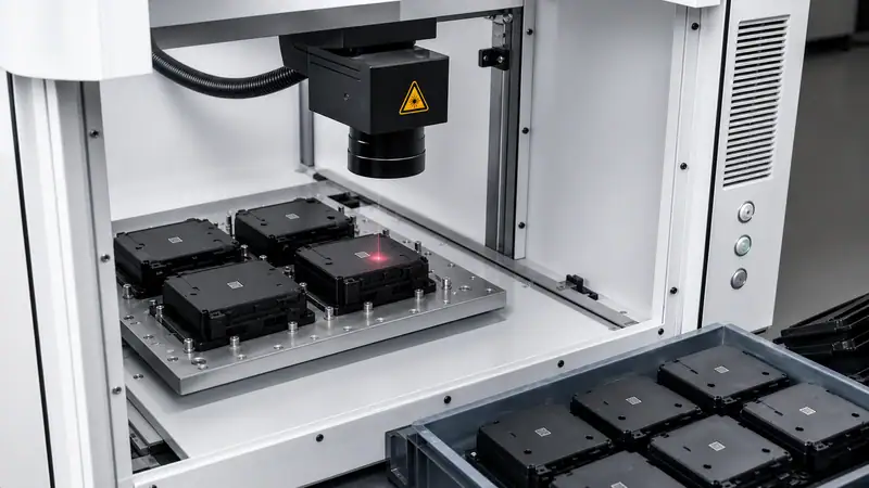 Close-up of an injection molding machine with multiple molds ready for manufacturing plastic parts.