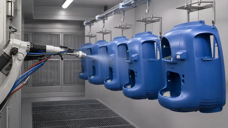 Robotic arm spray painting blue plastic components in a manufacturing facility, illustrating surface finishing process for injection molded parts.