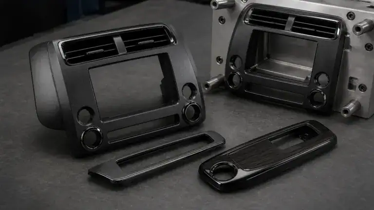 Close-up of an injection molding machine with multiple molds ready for processing, highlighting surface finishes and secondary treatments for molded parts.