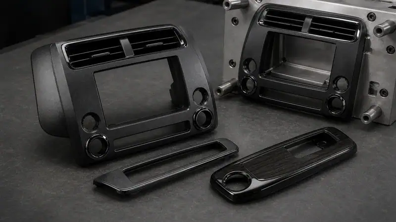 Close-up of an injection molding machine with multiple molds ready for processing, highlighting surface finishes and secondary treatments for molded parts.